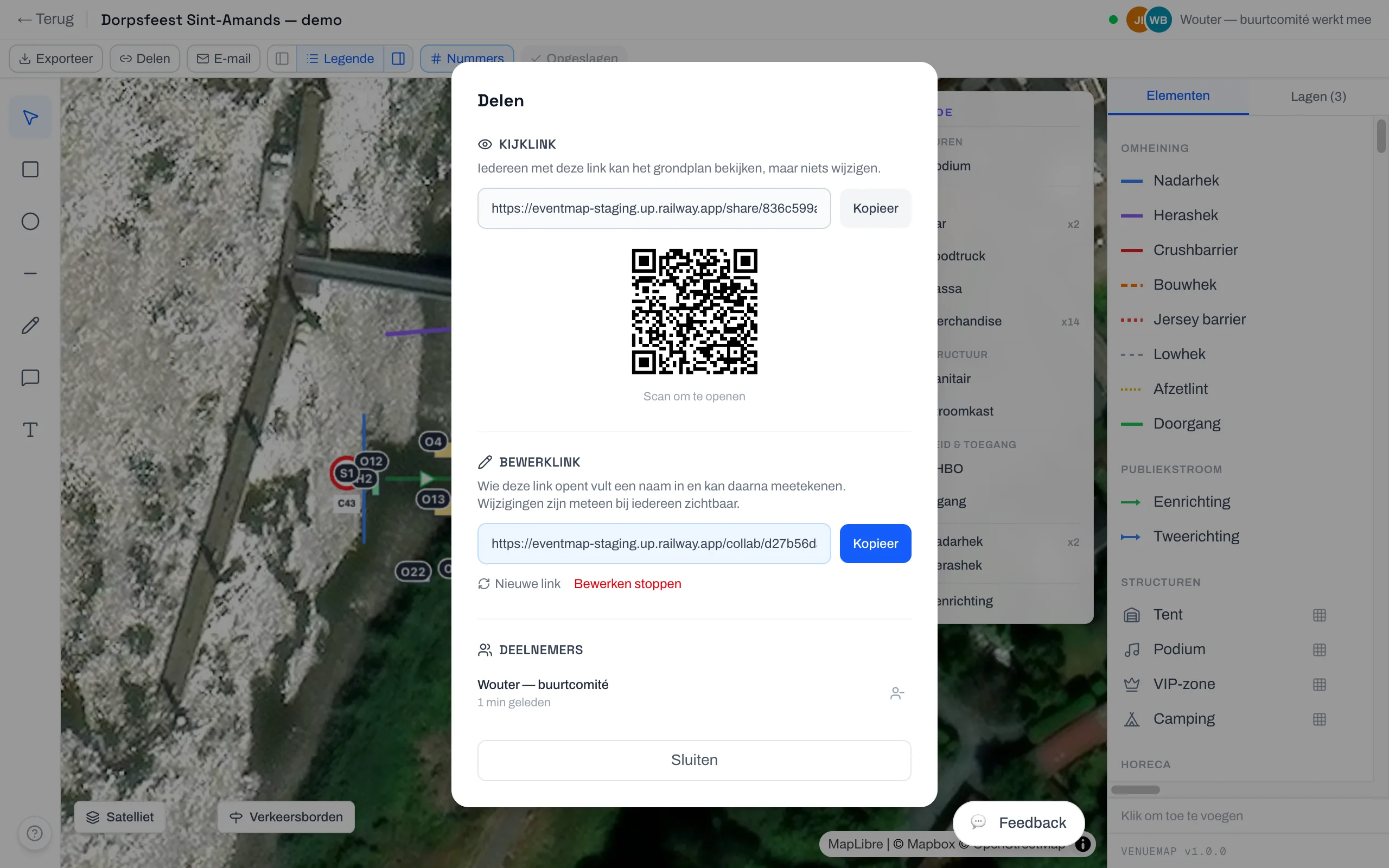 Het deelvenster met de kijklink en QR-code, de bewerklink, en een deelnemerslijst waarin Wouter van het buurtcomité staat; bovenaan toont de aanwezigheidsbalk dat hij meewerkt.