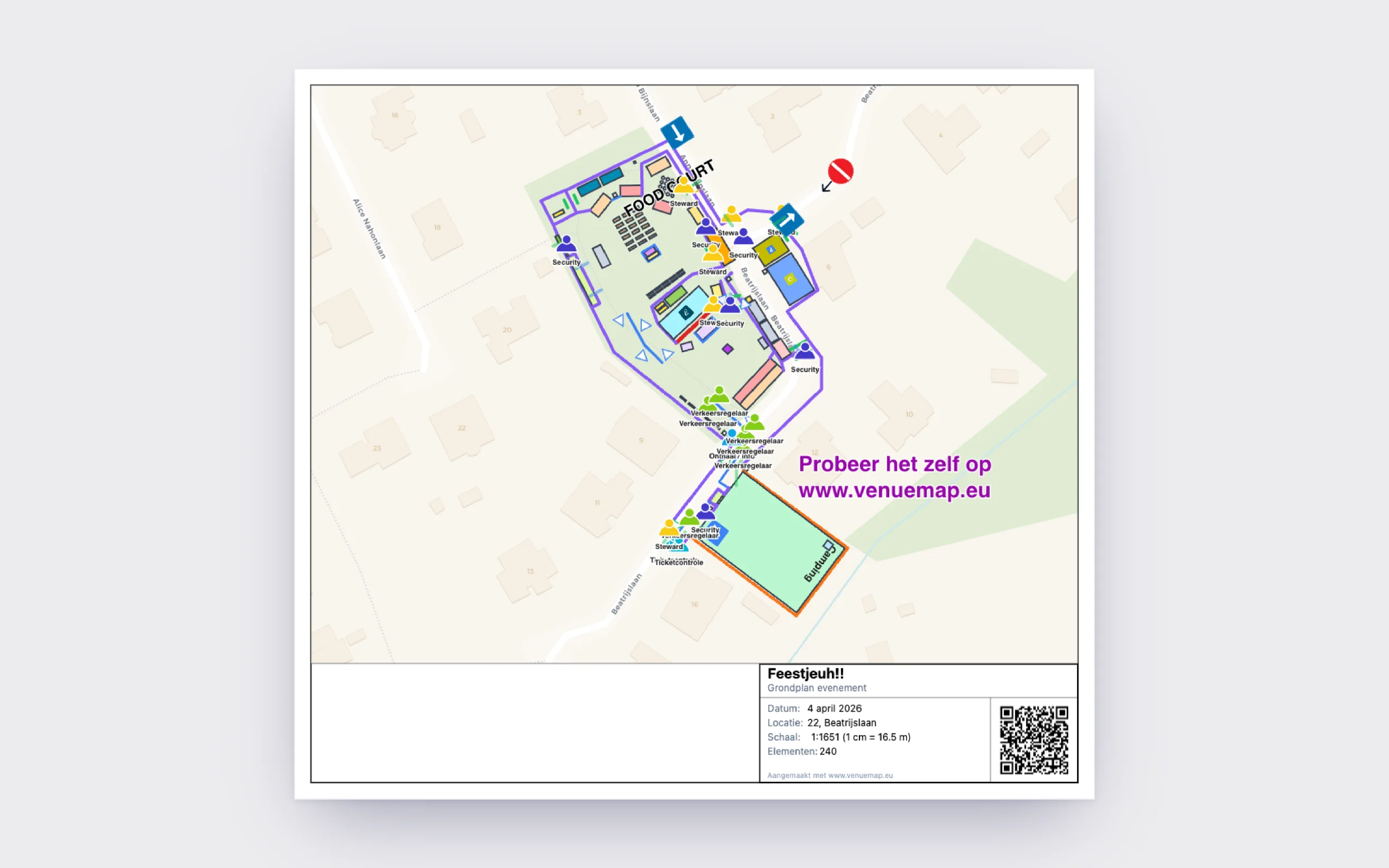 De geëxporteerde PDF met het volledige grondplan en een titelblok met datum, locatie, de schaal 1:1651 en het aantal elementen, plus een QR-code naar de deellink.