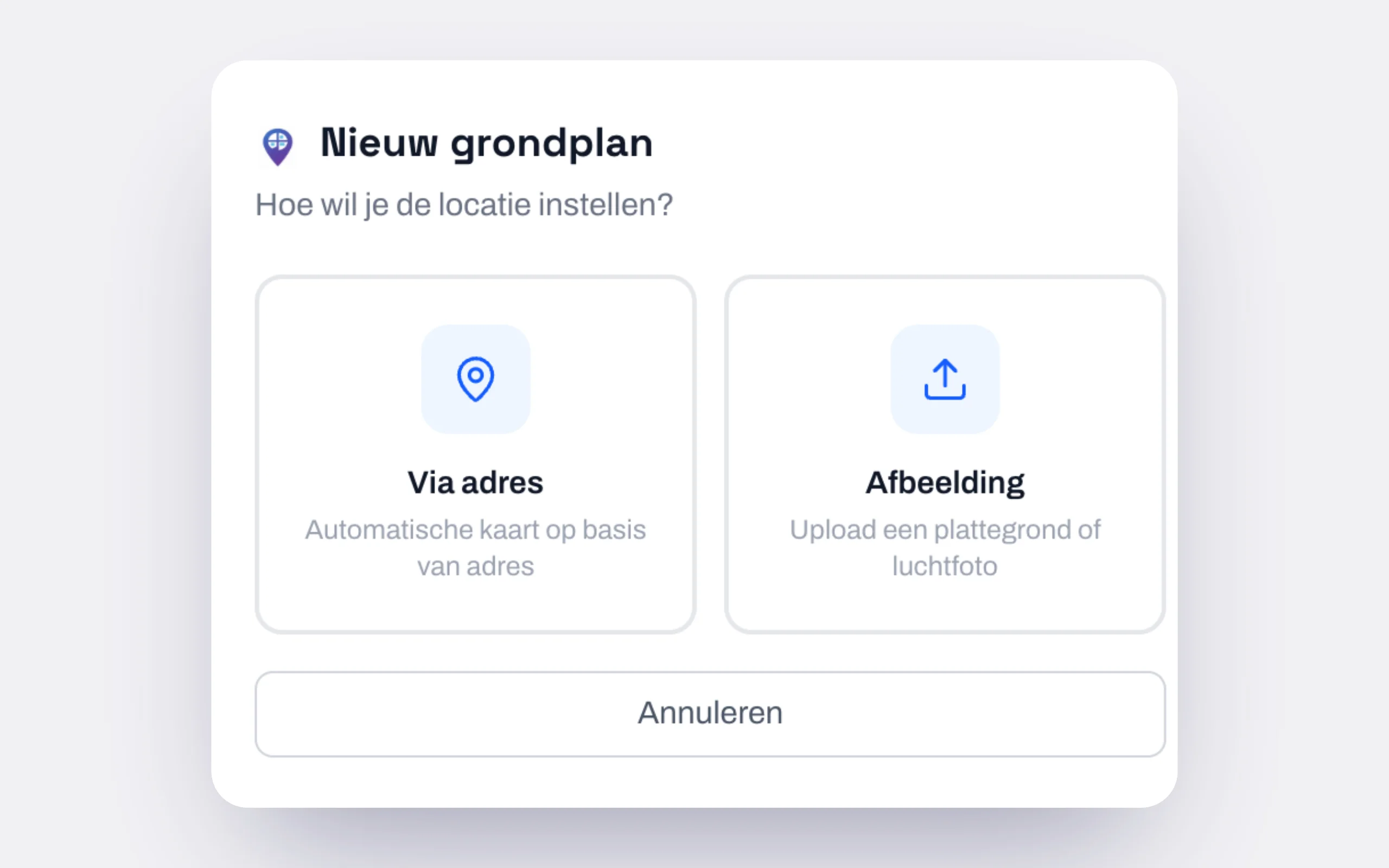 Het dialoogvenster 'Nieuw grondplan' met twee keuzes: Via adres, voor een automatische kaart, en Afbeelding, om een plattegrond of luchtfoto te uploaden.