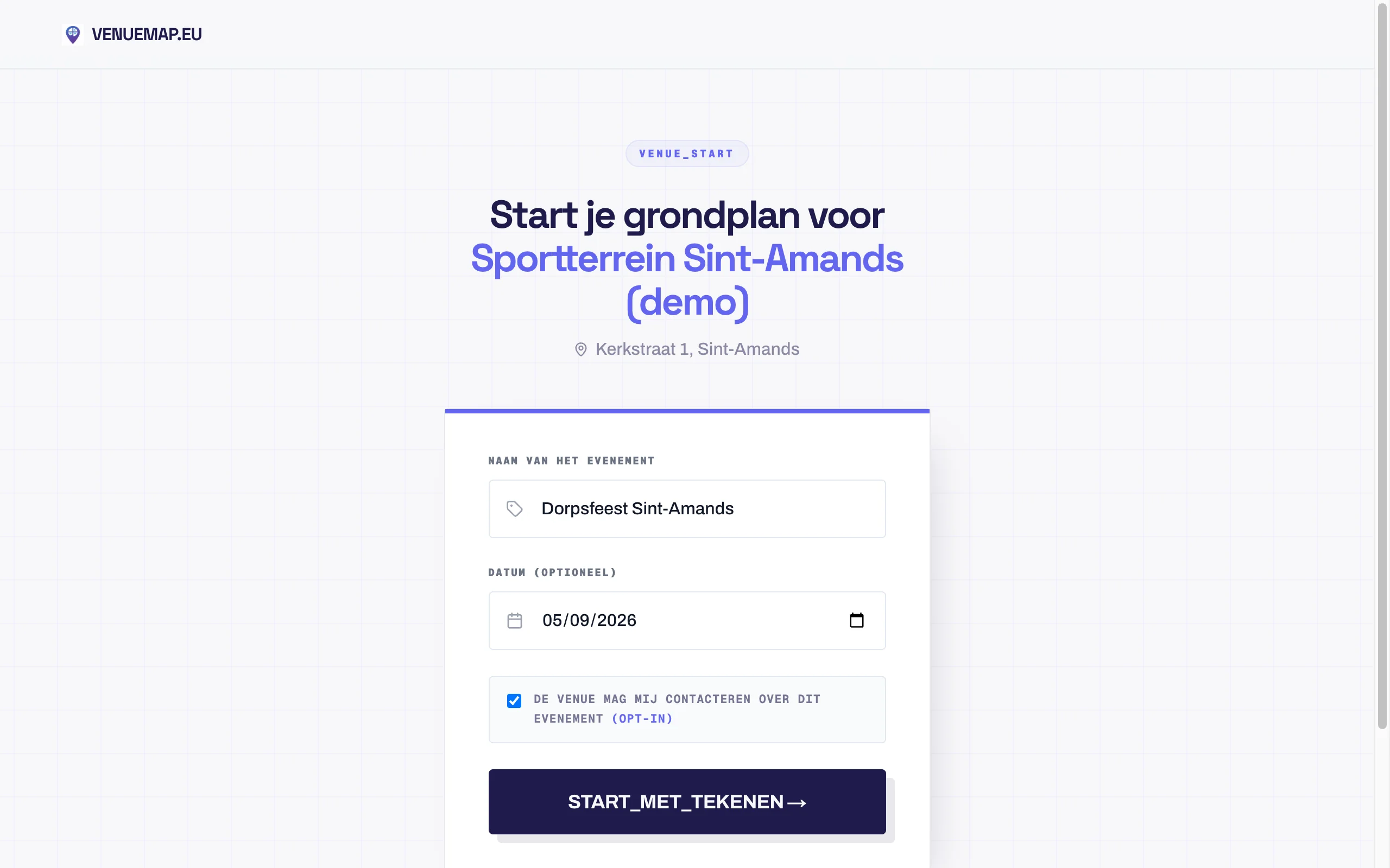 De startpagina van een locatie, waar een organisator de naam en datum van het evenement invult en kan aanvinken dat de locatie contact mag opnemen.